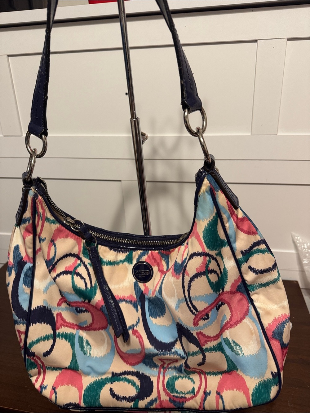COACH Multicolor Swirl Print Ikat Shoulder Bag with Navy Trim